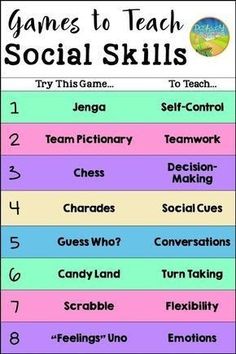 a poster with the words games to teach social skills