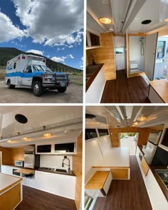 the interior and exterior of an rv with wood flooring, white walls, and cabinets