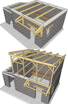 two views of the roof and walls of a brick building with wood framing on each side