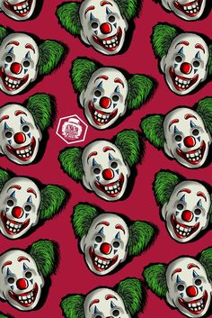 a bunch of clown faces on a red background