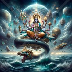 the god is sitting on top of a snake in the ocean with many other creatures around him