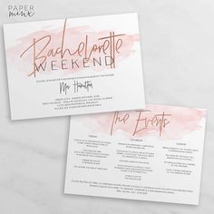 two wedding program cards with pink watercolor paint