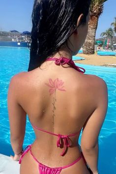 Lotus Flower Tattoo On Back Of Neck, Red Ink Rib Tattoo, Lower Hip Tattoos Women, Under Bootie Tattoo, Spine Tattoos For Women Flowers, Pelvic Bone Tattoo, Lotus Back Tattoo, Hot Tattoos Ideas Female, Hibiscus Tattoo Design