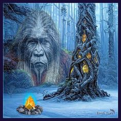 an image of a bigfoot in the woods with a campfire next to it