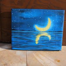 a painting of a night sky with the moon and stars reflected in water on a wooden surface