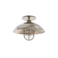 an industrial style light fixture with a dome shade on the top and two lights at the bottom