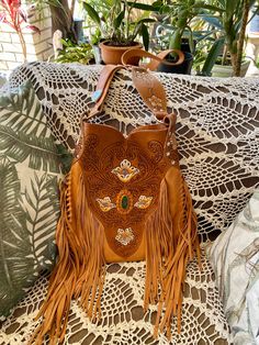 Tan fringe bag Hand tooled Boho style 29 cm x 34 cm. Leather Boho Bags, Bohemian Leather Fringe Satchel, Traditional Brown Fringe Bag, Traditional Rectangular Fringe Shoulder Bag, Half Fringe, Double Fringe, What I Like About You, Leather Fringe Bag, Fringe Handbags