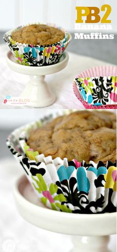 three different pictures of muffins in paper cups on a cake platter with the words pb2 muffins above them