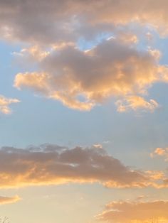 an airplane is flying in the sky at sunset or dawn with clouds and trees behind it