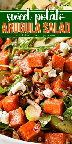 Enjoy Sweet Potato Arugula Salad for a delicious holiday side! This Thanksgiving side dish idea and easy Christmas side dish features roasted sweet potatoes, arugula, apples, caramelized pecans, toasted pepitas, goat cheese, and dried cranberries with Pomegranate Orange Vinaigrette. Enjoy! Arugula Sweet Potato, Potato Arugula Salad, Sweet Potato Arugula, Toasted Pepitas, Thanksgiving Vegetables Side Dishes, Caramelized Pecans, Vegetarian Christmas Dinner, Christmas Side Dish, Sweet Potato Salad Recipe