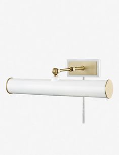 a white light fixture on a wall with a gold handle and two lights attached to it