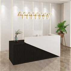 an office lobby with a reception desk and plant on the counter, in front of a white striped wall