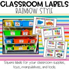 classroom labels with rainbow colors and text that says,'classroom labels rainbow style square labels for your classroom supplies, toys, multicolors, and tools