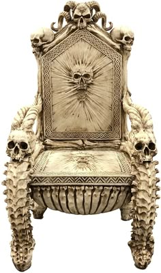 a white chair with skulls on it and a sun in the middle of its back