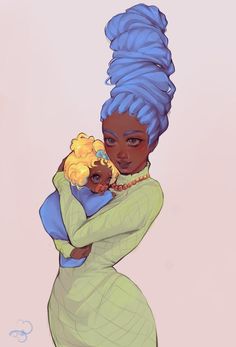 a drawing of a woman with blue hair holding a baby in her arms and looking at the camera