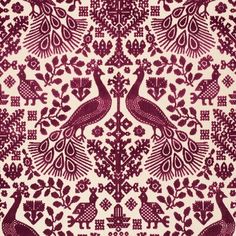 a red and white wallpaper with two peacocks in the center, surrounded by other birds