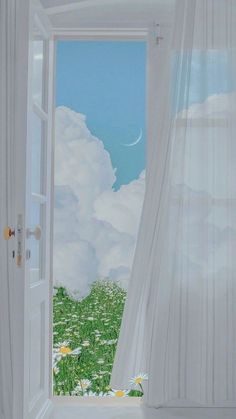 an open window with the sky and clouds painted on it's side, looking out onto a green field