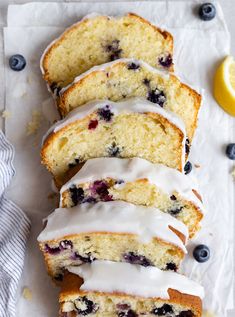 sliced blueberry lemon bread with icing on top