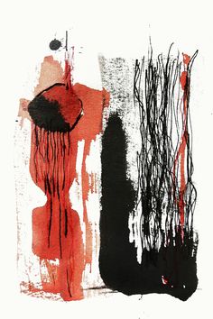 an abstract painting with black and red colors