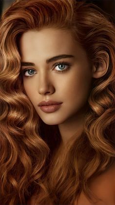 a woman with long red hair and blue eyes is shown in this digital painting style