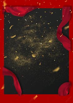 red and gold confetti on black background with space for text or image in center