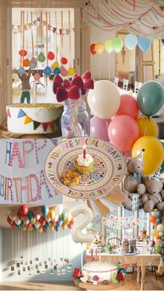 a birthday party with balloons, cake and decorations