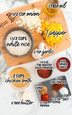 the ingredients to make this recipe are shown on a cutting board, including spices and seasonings