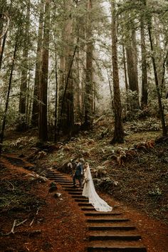 a bride and groom are walking up some stairs in the middle of the woods together