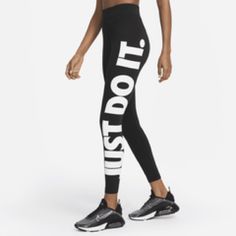 Nwot Women's Nike Sportswear Essential High-Waisted Leggings Blk (Cz8534-010) Xs Black Athleisure Pants With Logo Waistband, White Bottoms With Logo Waistband For Streetwear, Casual Stretch Bottoms With Logo Print, Nike High Stretch Moisture-wicking Bottoms, Nike Moisture-wicking High-stretch Bottoms, Athleisure Bottoms With Logo Waistband For Jogging, White Stretch Bottoms With Logo Waistband, Sporty Pants With Logo Print For Sports, Sporty Activewear With Logo Waistband For Sports