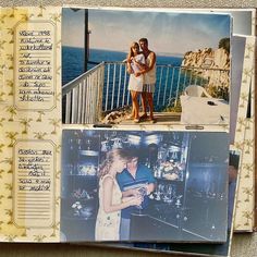 two people are standing on a balcony near the ocean and one is holding a book