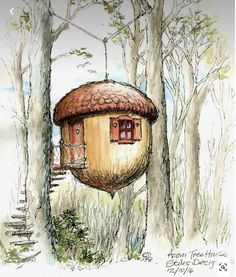 a drawing of a tree house in the woods