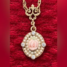 Never Worn, Gold Is In Wonderful Condition. Delicate Pink And Green Rose, Surrounded By Small Pearls And Four Shiny Crystal Insets. 1928 Jewelry, Jewelry Beautiful, Green Rose, Vintage Necklace, Pink And Gold, Womens Jewelry Necklace, Pink And Green, Vintage Jewelry, Gold Tones