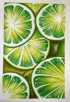 a drawing of limes cut in half with green and yellow highlights on the edges