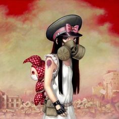 a painting of a woman with gas mask holding a stuffed animal in front of a cityscape