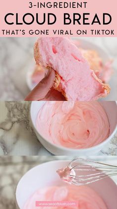 the process to make pink icing in a white bowl with text overlay that reads 3 - ingredient cloud bread that's one virtual on tiktok