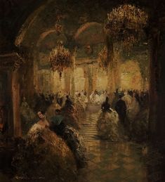 an image of a painting of people in a hall with chandeliers hanging from the ceiling