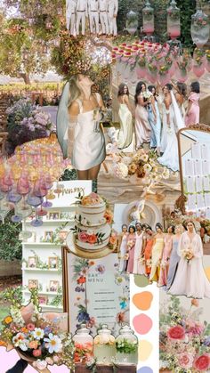 the collage shows many different pictures and people in their wedding outfits, including cake