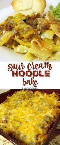 two pictures with different types of food and the words sour cream noodle bake