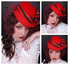 LA BELLE - Take a trip back to the Victorian times in our La Belle hat. La Belle is stunning one of a kind hat that's been hand blocked on a vintage wooden block into the perfect tilt hat style with small crown and turned up brim. Meticulously trimmed with a matching striped material bow and for some drama we have added some red veiling with black hail spots that cover the entire face. La Belle has millinery elastic sewn into the hat to secure it to the head. LA BELLE is the perfect party hat to Hat Cosplay, Small Crown, Veiled Hats, Victorian Times, Steampunk Hat, 1940s Style, Emily Rose, Steampunk Cosplay, Hat Style