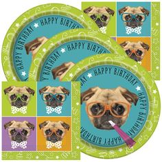 three birthday plates with pug dogs wearing glasses