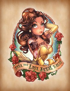 Belle - Beauty and the Beast | 8 Disney Princesses As Fierce Vintage Tattooed Pin-Ups Belle Tattoo, Pin Up Girl Tattoo, Polynesian Tattoos