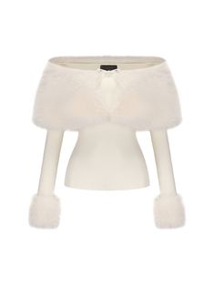 The Nadine Top is a chic one-shoulder knit piece featuring a plush fur collar and cuffs, crafted from soft knit fabric for comfortable wear. The high-quality, eco-friendly fur adds a touch of luxury with its rich, smooth texture, creating a layered and sophisticated look. The removable fur trim allows for easy cleaning and versatile styling options. A satin bow embellishment on the chest further enhances its elegance, making this top suitable for a variety of occasions.    Soft knit fabric : Ensures comfort and a flattering fit.   One-shoulder design : Adds a modern, stylish touch.   High-quality, eco-friendly fur : Rich and smooth, providing a luxurious feel.   Removable fur trim : Allows for easy cleaning and versatile styling.   Satin bow embellishment : Adds sophistication and charm. Fur Clothes, Winter White Outfit, Nana Jacqueline, Fur Top, Trim Jacket, Dresses By Length, Winter Aesthetic, Satin Bow, Shoulder Design