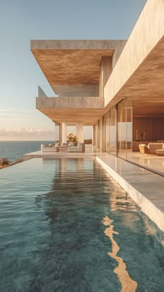 a large swimming pool in front of a house with an ocean view and lounge chairs