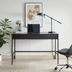 a black desk with a laptop on it next to a potted plant and a lamp