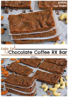 chocolate coffee rx bar cut into squares and stacked on top of each other with cashews