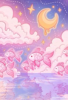 some fish are swimming in the water under a cloudy blue sky with stars and moon