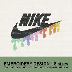 the nike logo is dripping in rainbows and black, with white letters that read embroidery design - 8 sizes