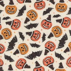 halloween pumpkins and bats on white fabric with orange, black, and red colors