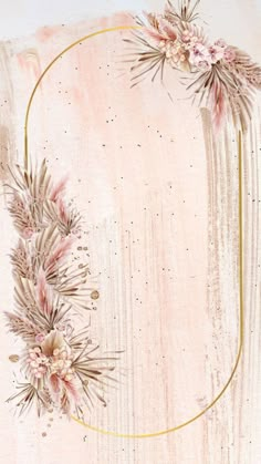 an artistic painting with pink flowers and gold frame on a beige background, in the shape of a circle