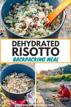 a collage of photos showing how to prepare risotto with mushrooms and vegetables